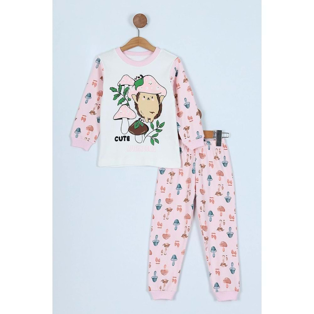 Cute Mantar Basklılı Pamuk Kumaş Çocuk Pijama Takım - ENEN0001105